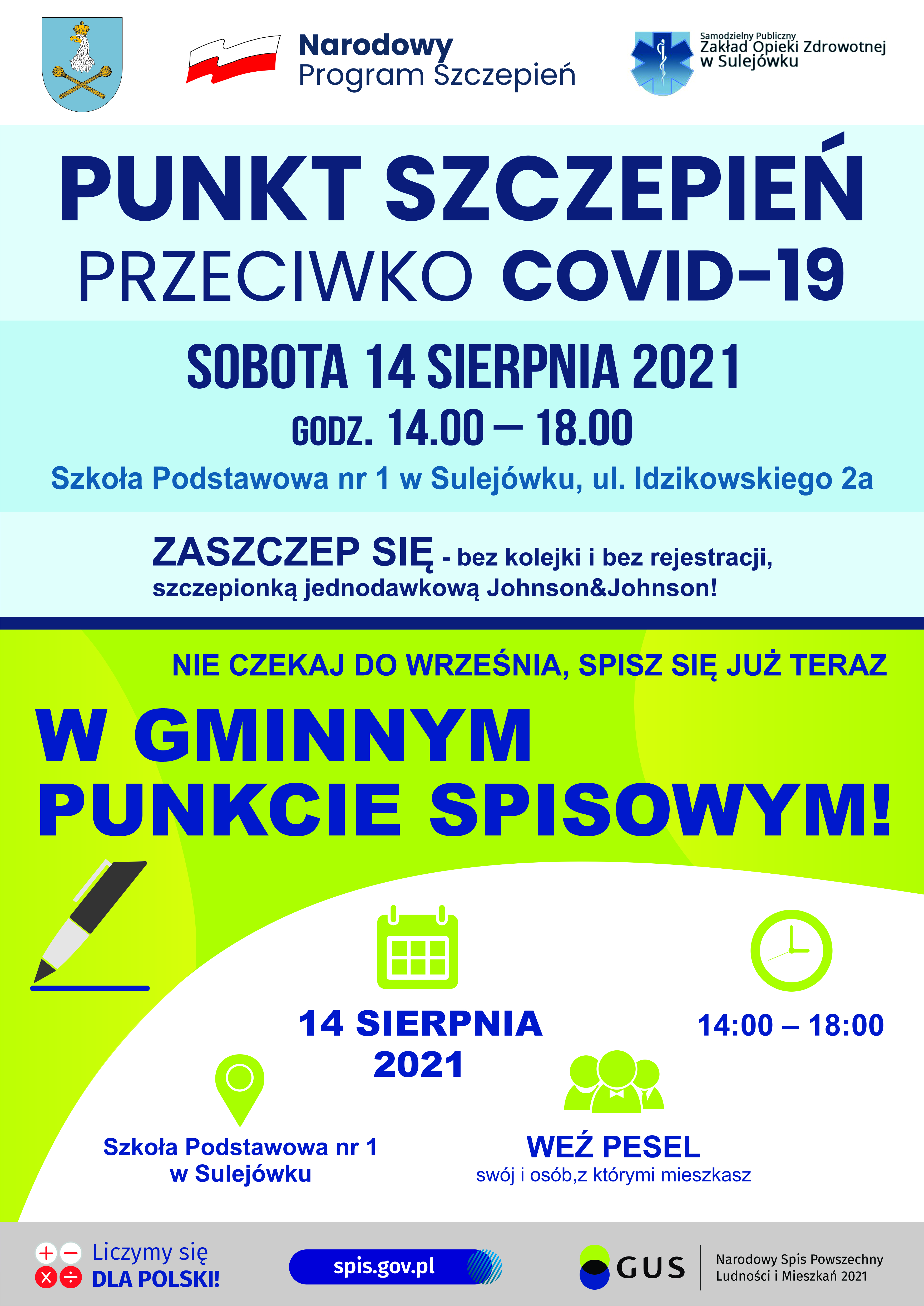 14 sierpnia 2021 Miasto Sulejówek organizuje dwie akcje: #SZCZEPIMYSIĘ oraz #NSP2021